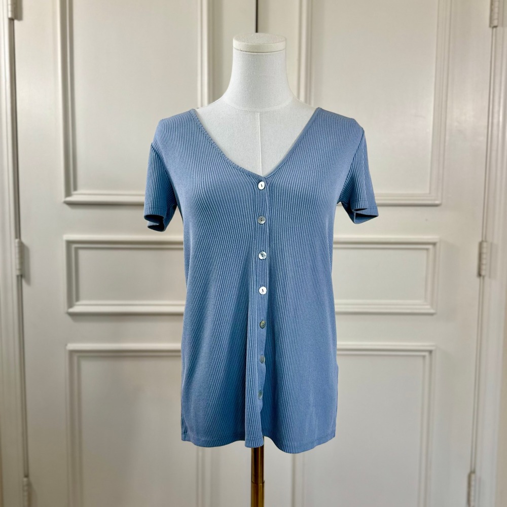 Zara Ribbed V-Neck Short Sleeve Cardigan Top Women's S Blue Casual Minimalist